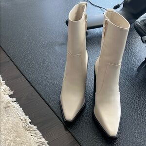 LARROUDE. Size 7 Never Worn. Women’s Cream Pointed Toe Mid-Calf Boots